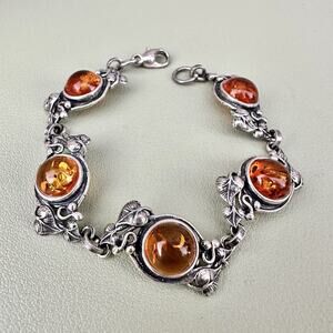 Sterling Silver Amber Cab Bracelet Floral Vine Link 925 Art Nouveau Style 7.25”